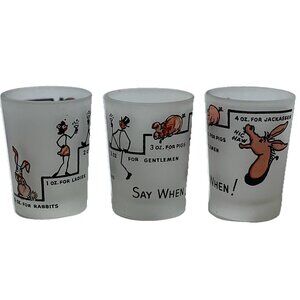 Vintage Hazel Atlas Shot Glasses Frosted Say When Rabbits Jackasses Set Of 3‎
